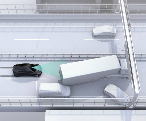 Automatic braking system avoid car crash from car accident. Concept for driver assistance systems. 3D rendering image.