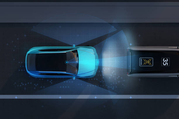 Aerial view of blue SUV emergency braking to avoid car crash. Automatic Emergency Braking (Emergency brake system) concept. Night scene. 3D rendering image.
