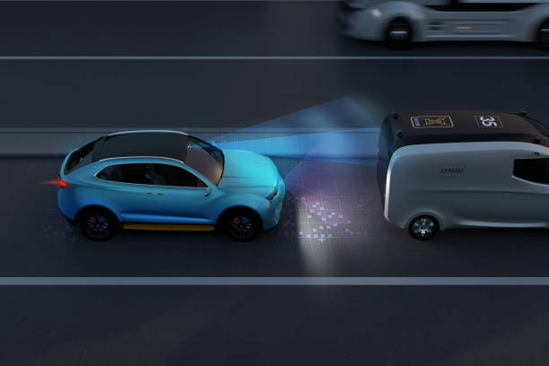 Side view of blue SUV emergency braking to avoid car crash. Automatic Emergency Braking (Emergency brake system) concept. Night scene. 3D rendering image.